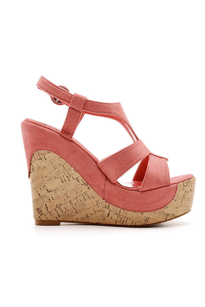 Suede Wood Grain Peep Toe Platform Wedges Sandals