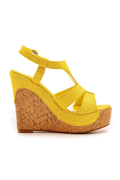 Suede Wood Grain Peep Toe Platform Wedges Sandals