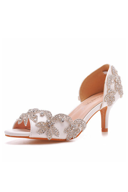 Peep Toe Satin Rhinestone Slip On High Heels