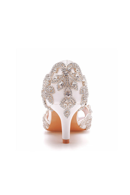 Peep Toe Satin Rhinestone Slip On High Heels