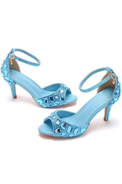 Crystal Rhinestone Peep Toe High Heels Ankle Strap Sandals