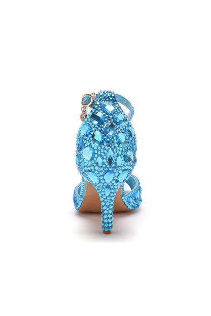 Crystal Rhinestone Peep Toe High Heels Ankle Strap Sandals