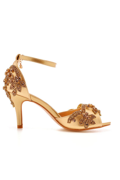 Peep Toe Satin Rhinestone Ankle Strap High Heels