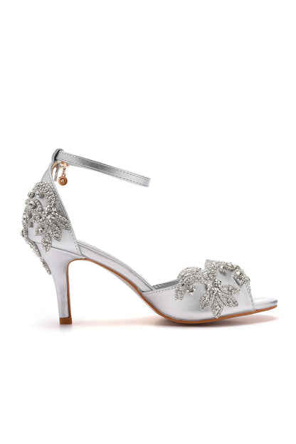 Peep Toe Satin Rhinestone Ankle Strap High Heels