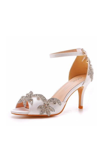 Peep Toe Satin Rhinestone Ankle Strap High Heels