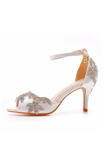 Peep Toe Satin Rhinestone Ankle Strap High Heels