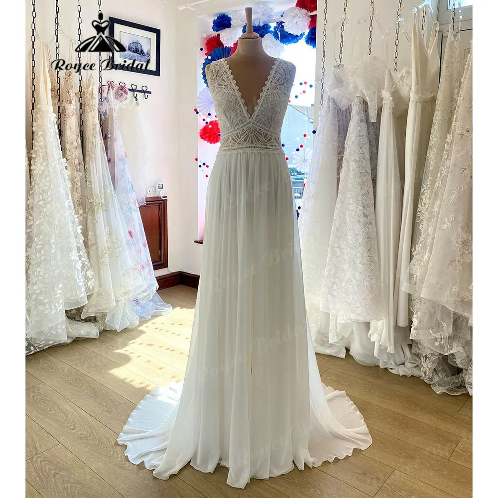 Robe Boheme Beach Boho Chiffon Sleeveless Lace Bodice Wedding Dress for Women 2024 V Neck Bridal Gown robe de soirée de mariage