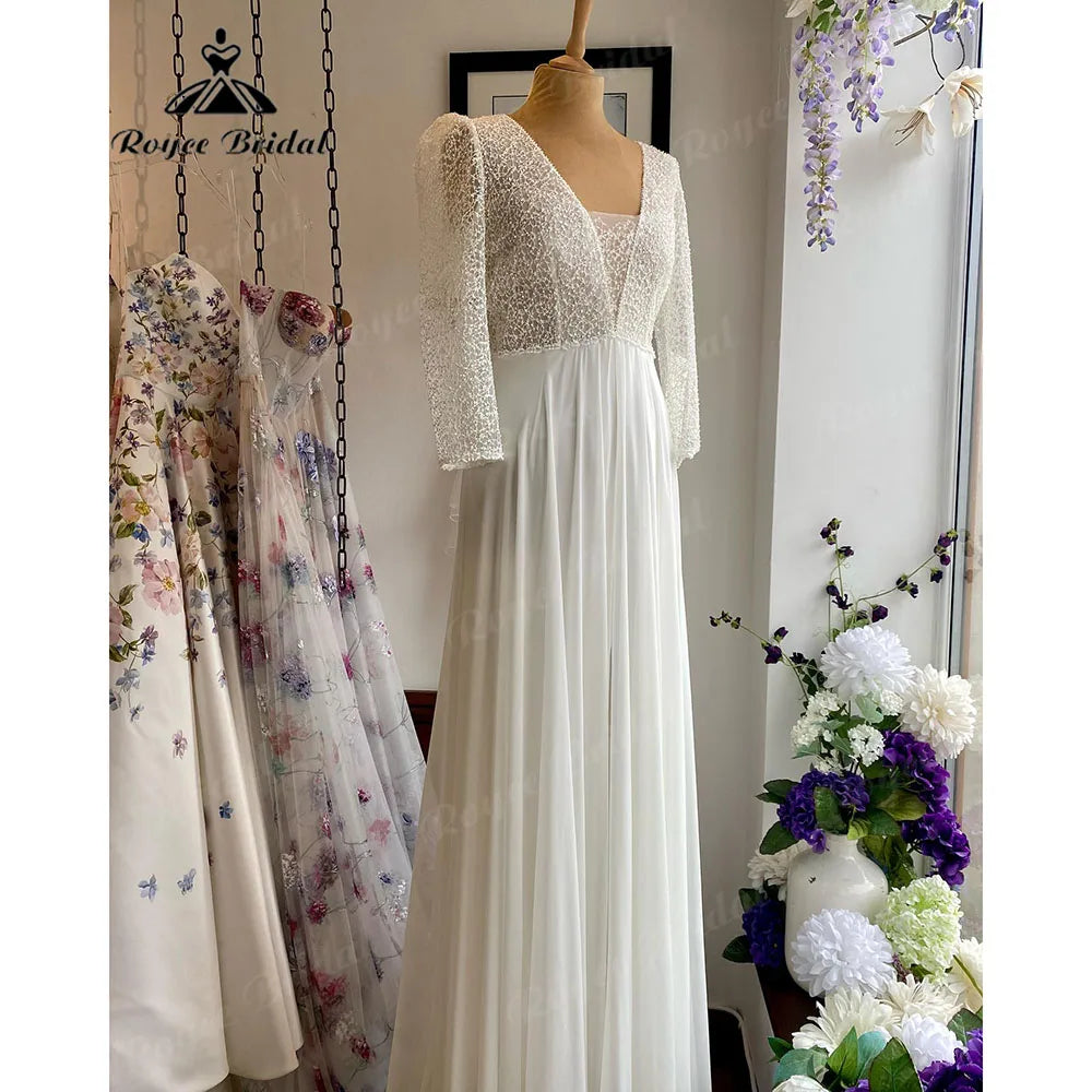 Chic Boho Long Sleeve V Neck Lace Bodice Chiffon Wedding Gown for Women 2024 Beach Bridal Wedding Dress