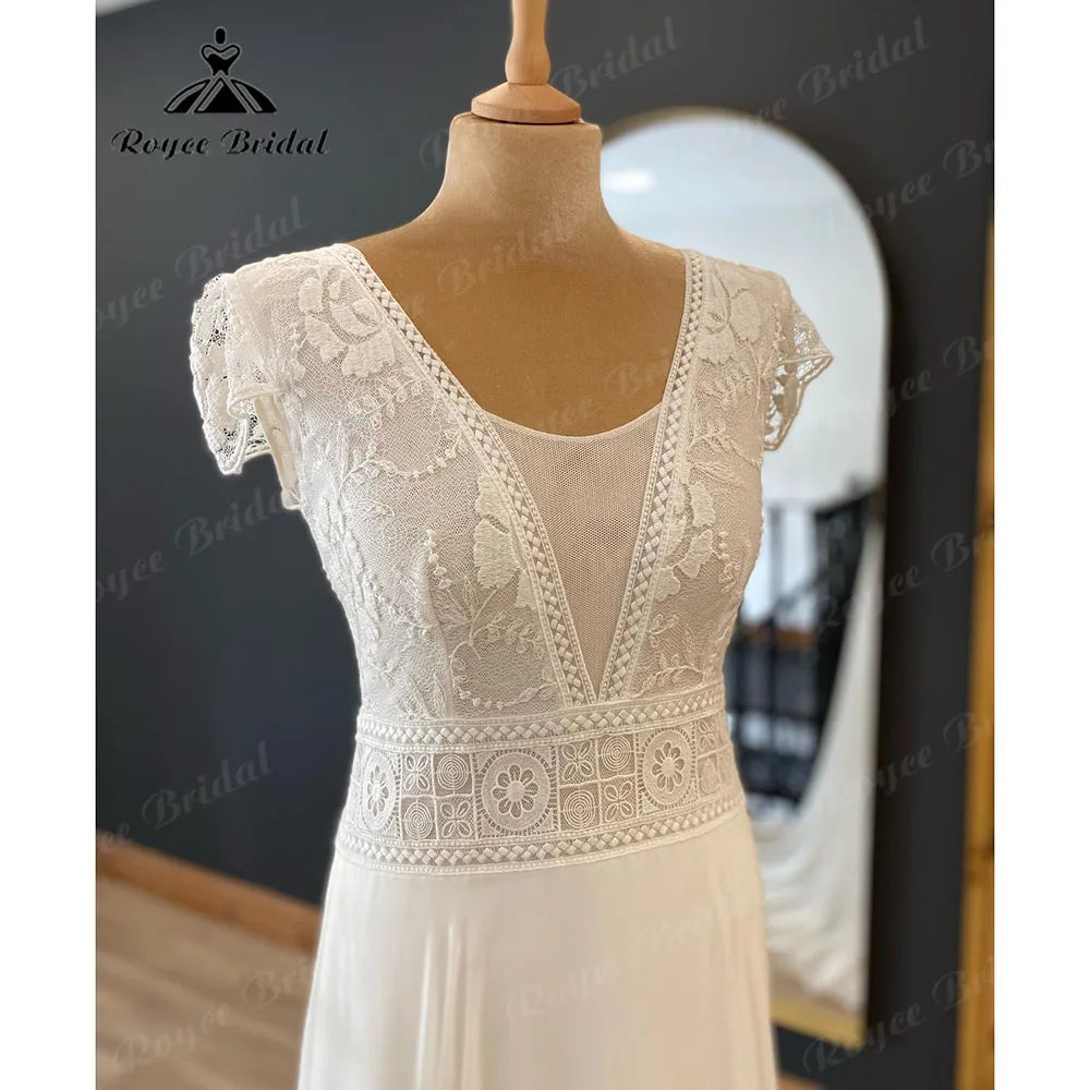 Bohemian Beach Lace Bodice Chiffon Boho Wedding Dress with Short Cap Sleeve 2024