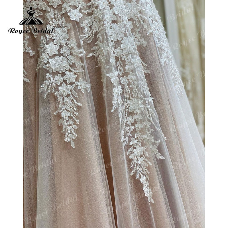 Roycebridal Robe De Mariage Unlined Bodice FLowy A Line Blush Pink Wedding Dress Cap Sleeve Lace Applique Backless robe soirée mariage 2025