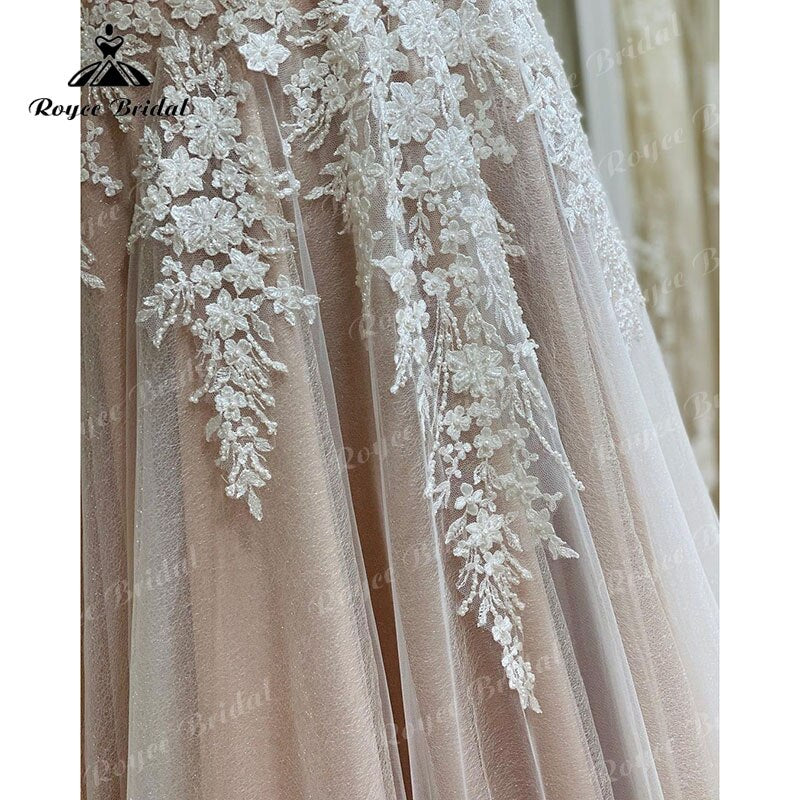 Robe De Mariage Unlined Bodice FLowy A Line Blush Pink Wedding Dress Cap Sleeve Lace Applique Backless robe soirée mariage 2022