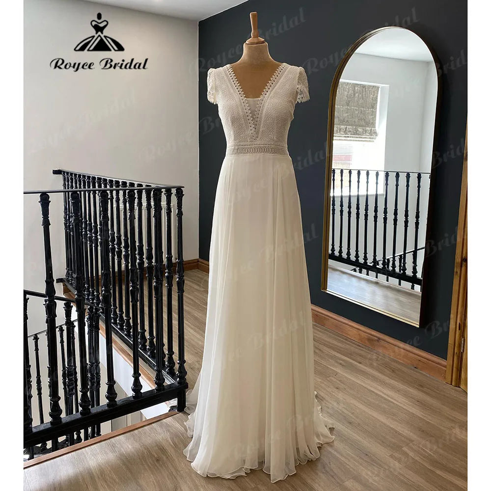 Civil Summer Cap Sleeve Lace Bodice CHiffon Boho Wedding Gown for Bride 2024 Women Wedding Dress
