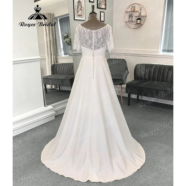 Robe Mariee A Line Boho Lace Bodice Soft Satin Wedding Gown with Short ...