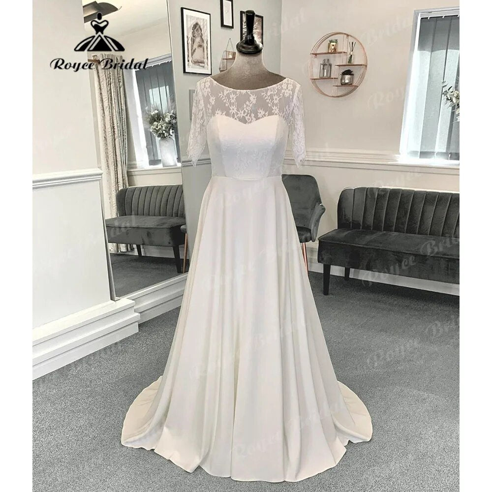 A Line Boho Lace Bodice Soft Satin Wedding Gown with Short Sleeve 2024 Bridal Wedding Dress simples