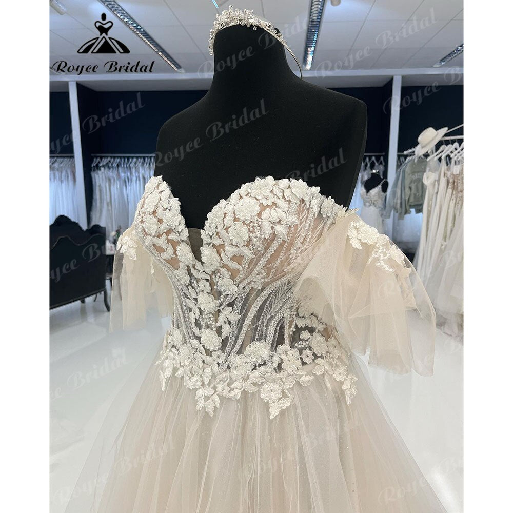 Robe Mariee Princess Lace Off Shoulder Wedding Dress with Cap Short Sleeve Sweetheart Neckline Bridal Gown hochzeitskleid 2023