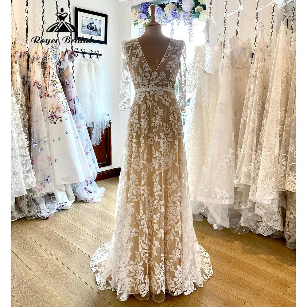 Robe Mariee Three Quarter Sleeve Full Lace A Line Boho Women Wedding Dress with V Neck 2023 Bridal Gown abito da sposa Summer