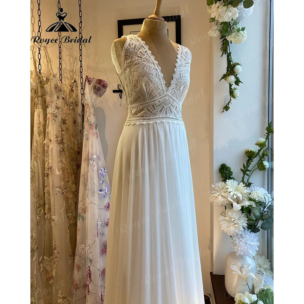 Robe Summer Lace Bodice Chiffon Boho V Neck Wedding Dress for Women 2024 Bridal Gown Custom Made vestido de novia Roycebridal