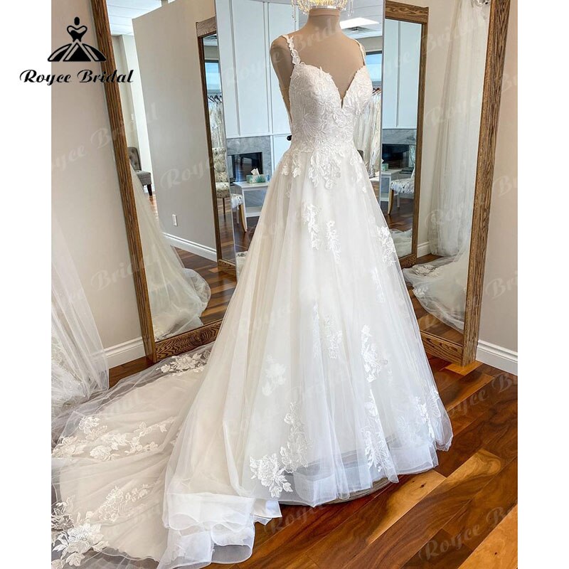 Roycebridal Lace Appliques A Line Spaghetti Straps Wedding Dresses Beach V Neck 2023 Boho Wedding Gowns Custom Made Off White