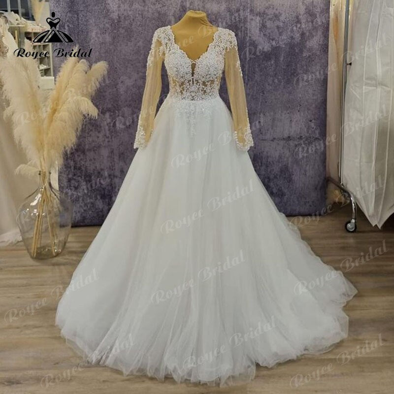 Roycebridal Long Sleeve Lace Tulle Wedding Dress Backless Sweep Train 2023 Elegant Beidal Gown Women Vestido De Novia Elegant
