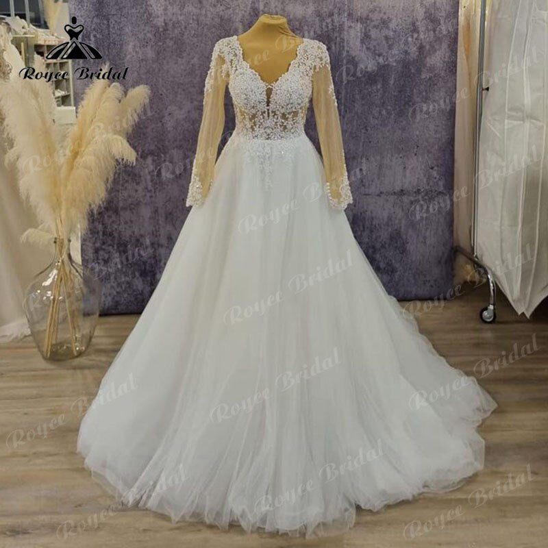Roycebridal Long Sleeve Lace Tulle Wedding Dress Backless Sweep Train 2025 Elegant Beidal Gown Women Vestido De Novia Elegant