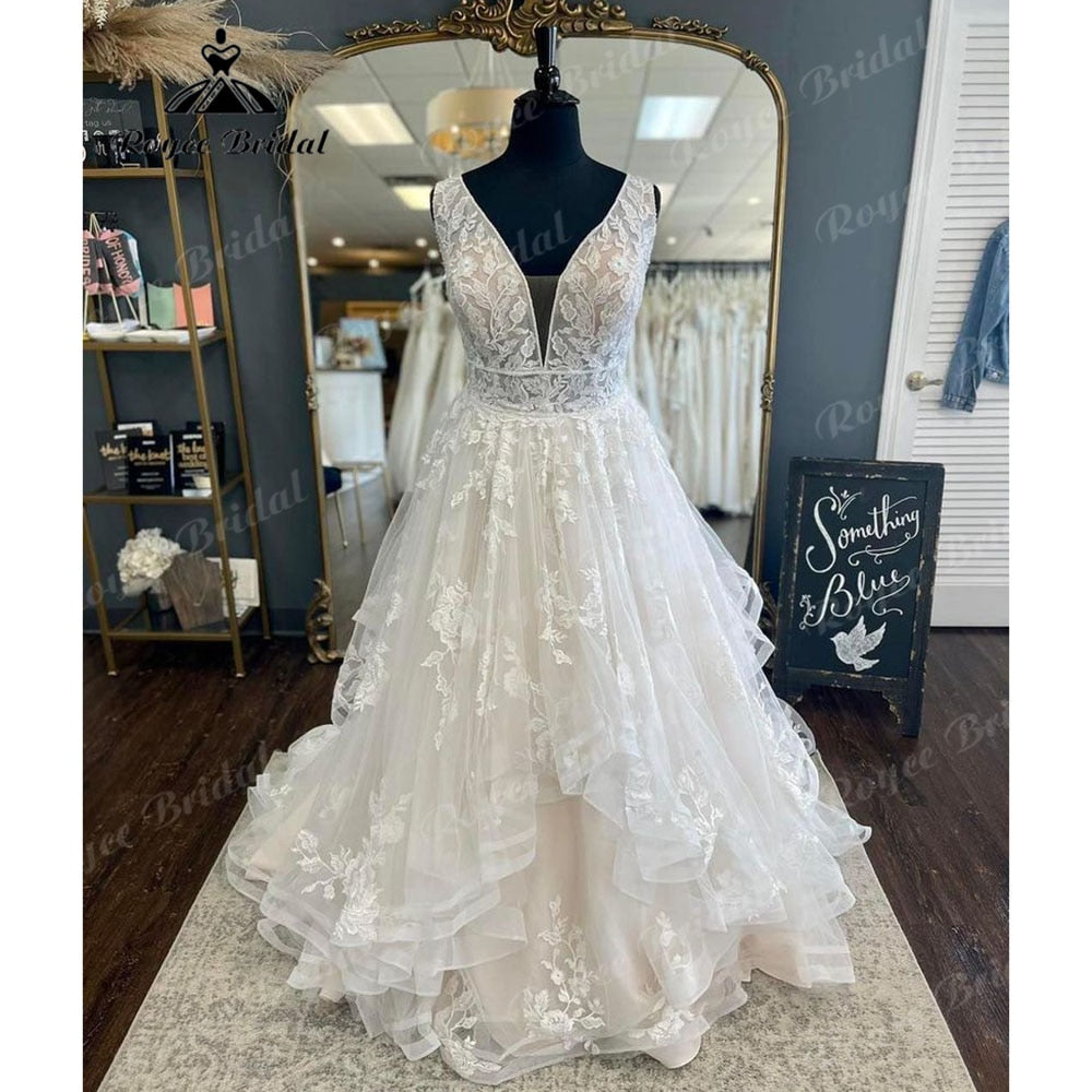 Roycebridal Plus Size V Neck Lace Appliques Princess Wedding Dress Backless 2023 Bridal Gown robe soirée mariage Sleeveless