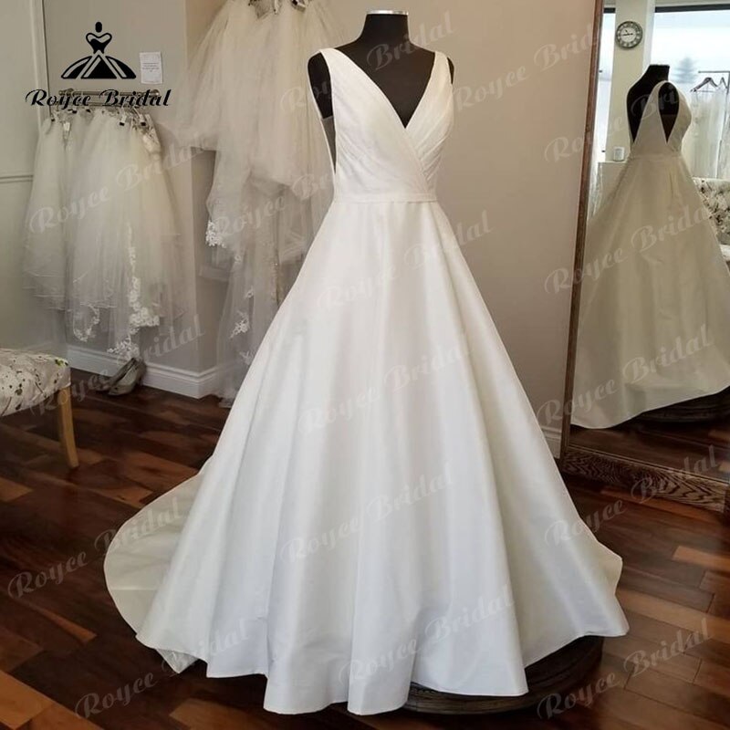 Roycebridal Satin V Neck Sleeveless Simple Wedding Dress Open Back 2023 Ball Gown Bridal Wedding Women robe de mariée Elegant