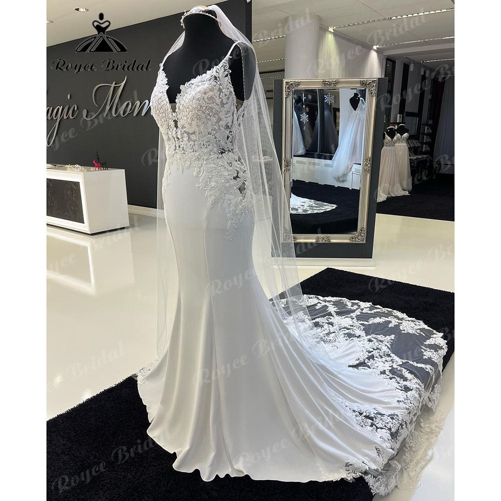 Roycebridal Sexy Mermaid/Trumpet Soft Satin Lace Wedding Dress for Women 2023 Vedtidos De Noiva Bridal Gowns Spaghetti Straps