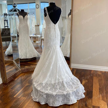 Roycebridal Spaghetti-trägern Tiefem V-ausschnitt Spitze Brautkleid Meerjungfrau Open Back 2025 Sweep Zug vestido de boda corte sirena Sexy 