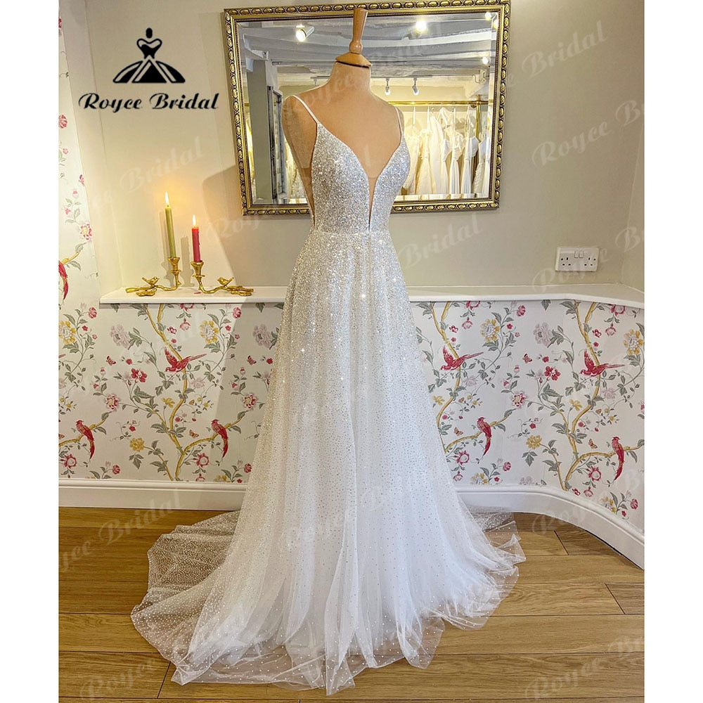 Roycebridal Sparkly Shiny Glitter Tulle Bridal Beach Wedding Dress with Deep V Neck 2023 Wedding Receipt Dinner Party Gowns Sexy