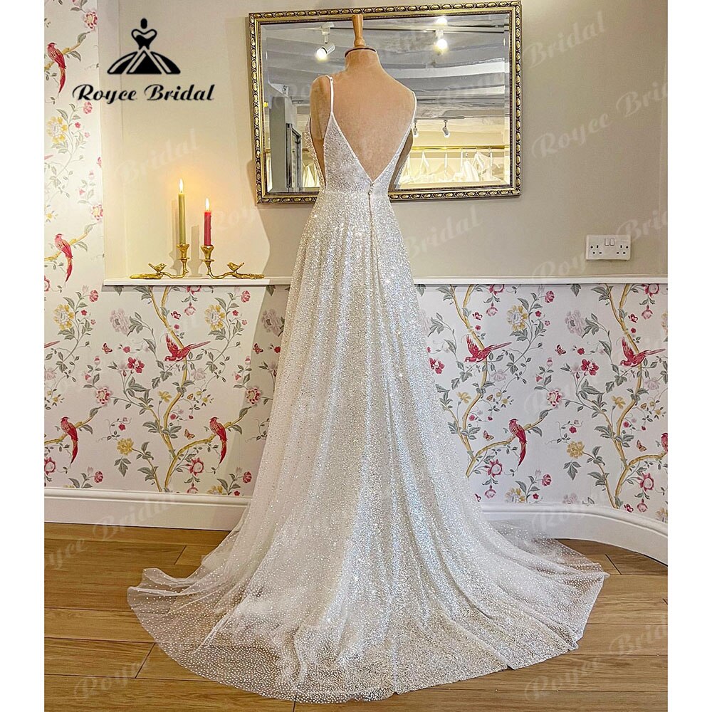 Roycebridal Sparkly Shiny Glitter Tulle Bridal Beach Wedding Dress with Deep V Neck 2023 Wedding Receipt Dinner Party Gowns Sexy