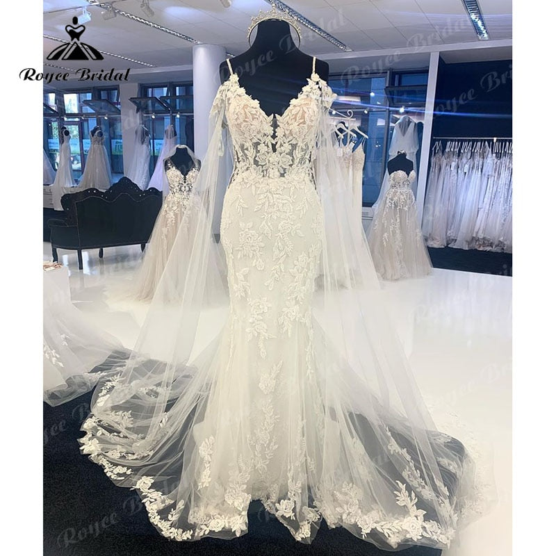 Roycebridal V Neck Spaghetti Straps Mermaid Wedding Dress with Shawl Appliques Lace Tulle Court Train Backless Bridal Gowns 2025
