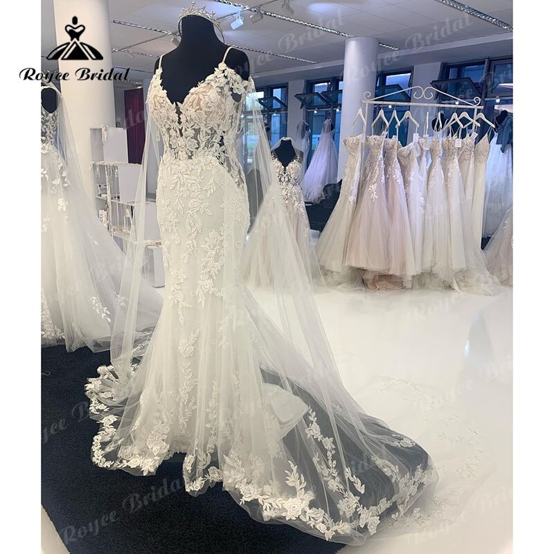Roycebridal V Neck Spaghetti Straps Mermaid Wedding Dress with Shawl Appliques Lace Tulle Court Train Backless Bridal Gowns 2025