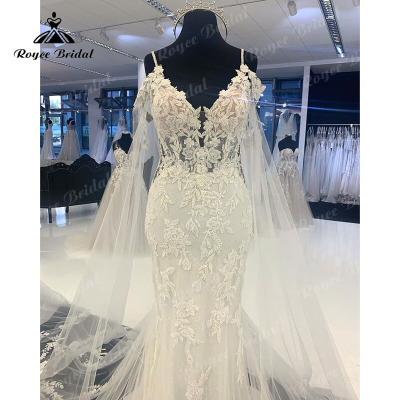 Roycebridal V Neck Spaghetti Straps Mermaid Wedding Dress with Shawl Appliques Lace Tulle Court Train Backless Bridal Gowns 2025