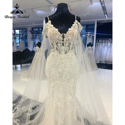Roycebridal V Neck Spaghetti Straps Mermaid Wedding Dress with Shawl Appliques Lace Tulle Court Train Backless Bridal Gowns 2025