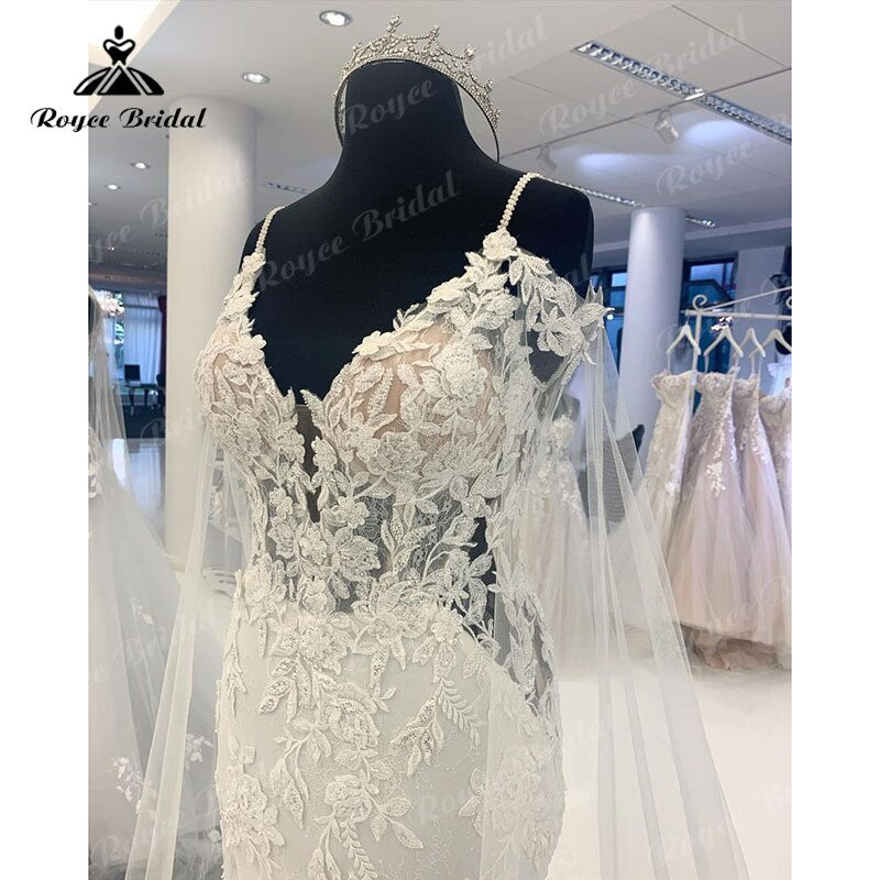 Roycebridal V Neck Spaghetti Straps Mermaid Wedding Dress with Shawl Appliques Lace Tulle Court Train Backless Bridal Gowns 2025