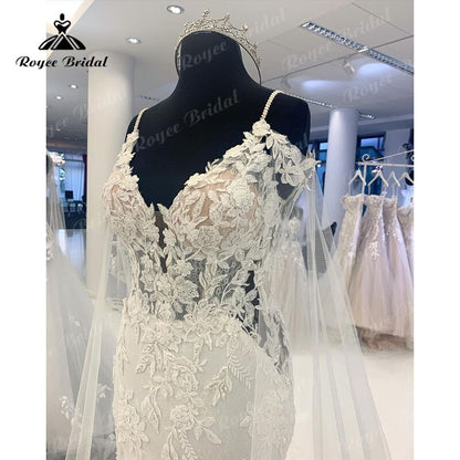 Roycebridal V Neck Spaghetti Straps Mermaid Wedding Dress with Shawl Appliques Lace Tulle Court Train Backless Bridal Gowns 2025