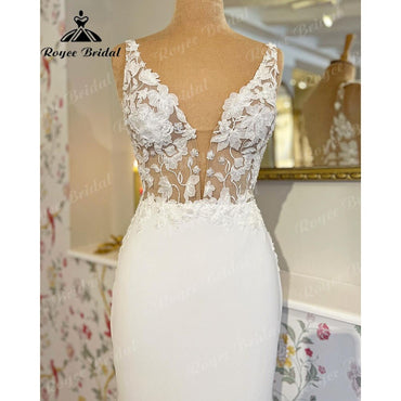 Roycebridal BRIDE,BRIDE EXPLORE All Wedding Dresses,BRIDE EXPLORE Custom Wedding Dresses 👗,BRIDE EXPLORE Plus SizeRoycebridal Vintage Lace Floral V Neck Crepe Women Birdal Mermaid Wedding Gowns 2025 Wedding Dress Sleevess vestido de festa
