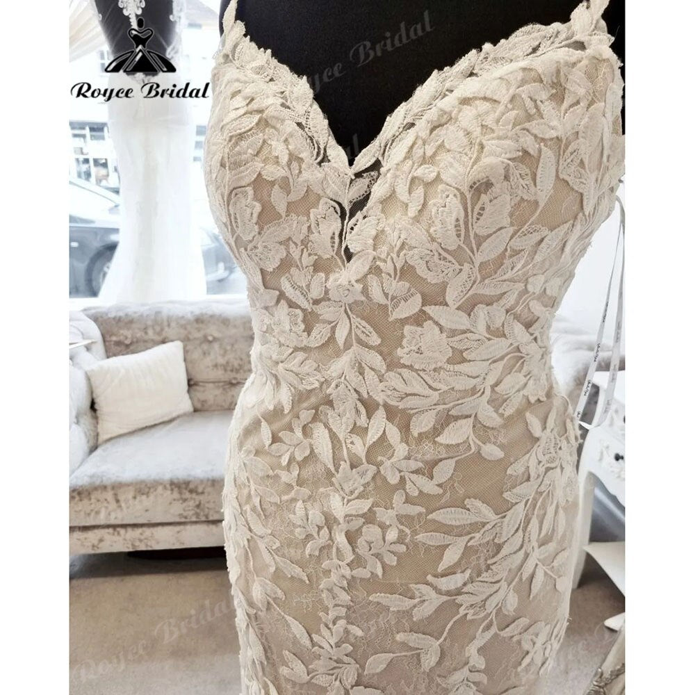 Roycebridal Vintage Mermaid/Trumpet Lace Appliques V Neck Spaghetti Straps Wedding Dress with Detachable Train vestidos Sexy