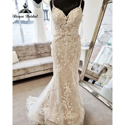 Roycebridal Vintage Mermaid/Trumpet Lace Appliques V Neck Spaghetti Straps Wedding Dress with Detachable Train vestidos Sexy
