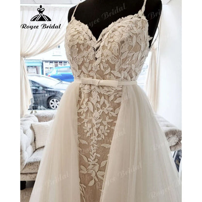 Roycebridal Vintage Mermaid/Trumpet Lace Appliques V Neck Spaghetti Straps Wedding Dress with Detachable Train vestidos Sexy