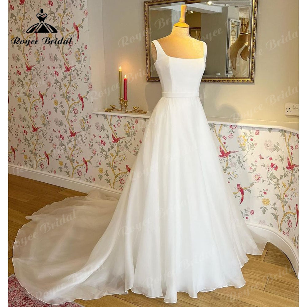 Roycebridal Vintage Square Collar Neck Soft Satin A Line Wedding Dress 2023 Wedding Gowns robe de réception de mariage Elegant