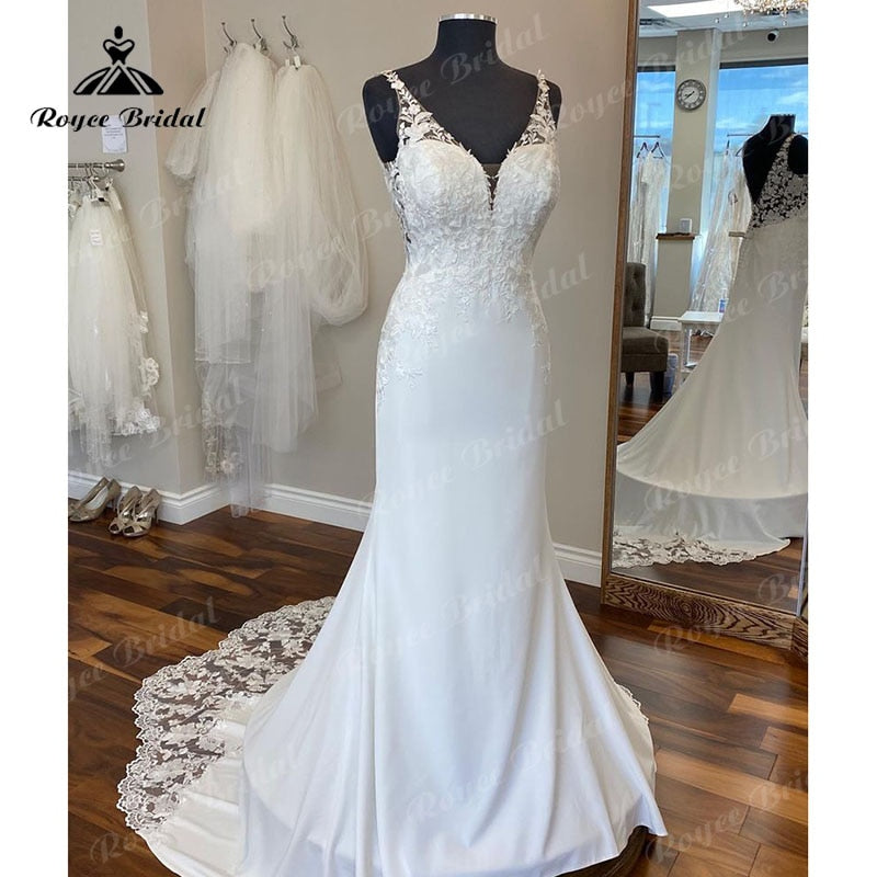 Roycebridal Vintage V Neck Lace Mermaid/Trumpet Wedding Dress Cut-out Apliques Backless 2025 vestido branco sereia Wedding Gwons