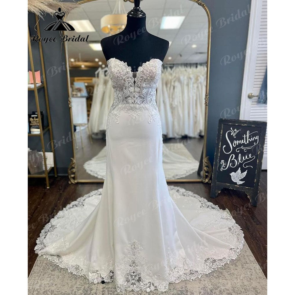RoycebridalSexy Lace Appliques Satin Mermaid/Trumpet Sweetheart Wedding Dress Backless 2023 Vestido de Noiva Civil Bridal Women