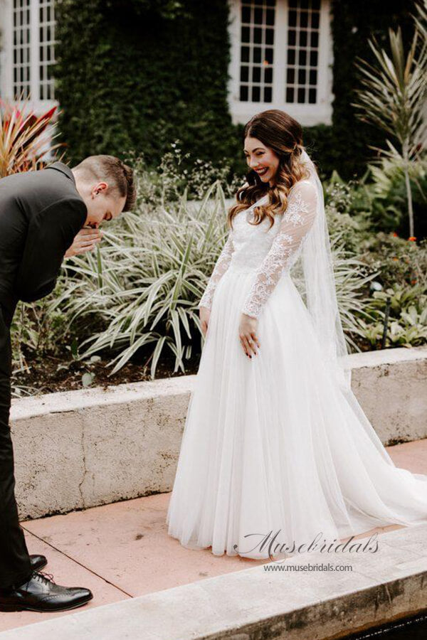 Rustic Bohemian Lace Illusion Neckline Long Sleeves Wedding Dresses, MW547 | bohemian wedding dress | a line wedding dress | wedding gowns | bridal gowns | www.musebridals.com