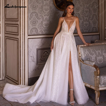 Roycebridal Split Side Shiny Glitter Boho Women Wedding Dress for Bride  Spaghetti Straps Wedding Gown batas de novia para