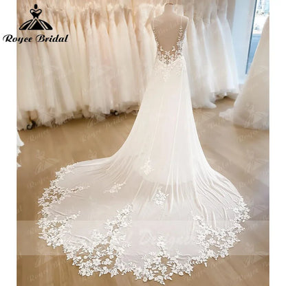 Boho Spaghetti Straps Wedding Dress V Neck Lace Appliqued Chiffon Backless