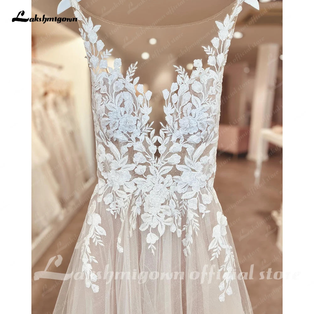 Lakshmigown Illusion Wedding Dress Sleeveless Backless O-Neck Bride Dress See Through Appliques Formal Robe de marie