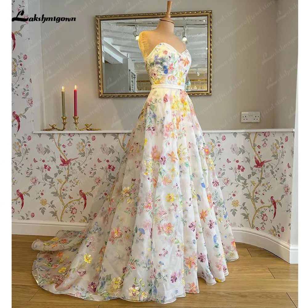 Lakshmigown Print Flower Wedding Dress with Detachable Puff Sleeve Sweetheart Off the Shoulder Boho Bridal Gowns estido de noiva