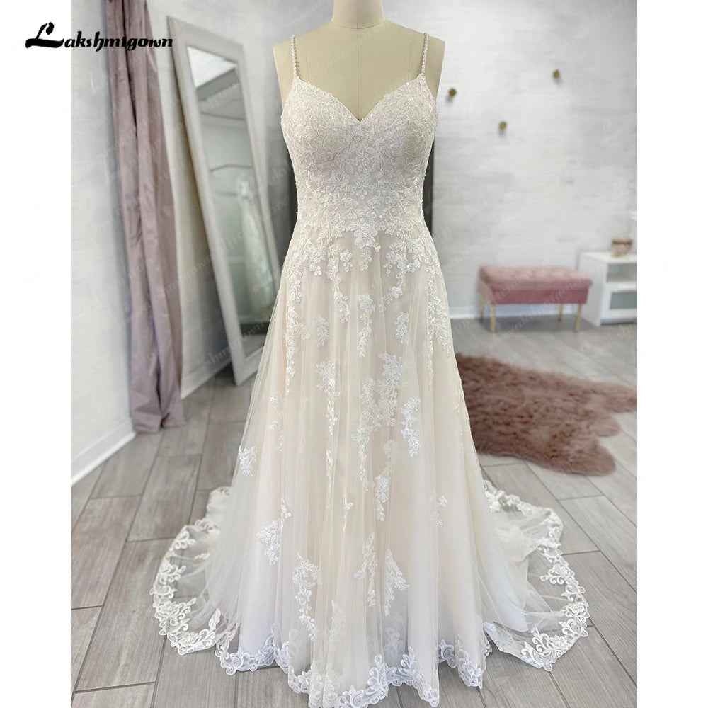Sexy Spaghetti Straps Tulle Wedding Dress Backless Lace Bridal Gowns with Flowers party vestido de novia 2023 boda elegante