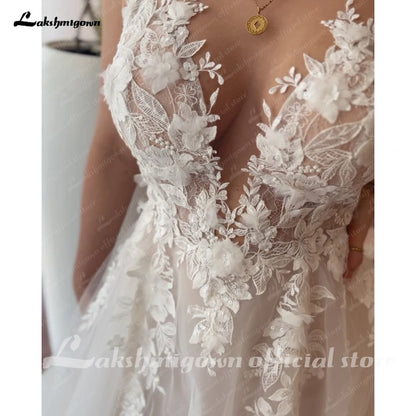 Roycebridal Vintage Lace Appliques Backless Wedding Dress with V Neck 3D Flowers Bridal Gown Custom Made abito da sposa